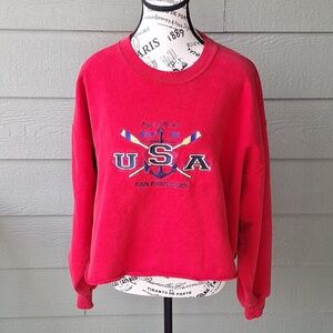 Vintage 90s Sailor Nautical Patriotic Embroidered Red Cropped Crewneck Large USA